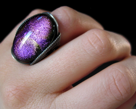 Dichroic Glass Ring, Purple Fuchsia Pink, Fused Glass, Oxidized Silver, Custom Sized