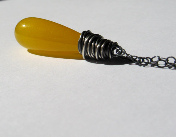 Sunshine Yellow Necklace, Oxidized Silver, Tear Drop Necklace