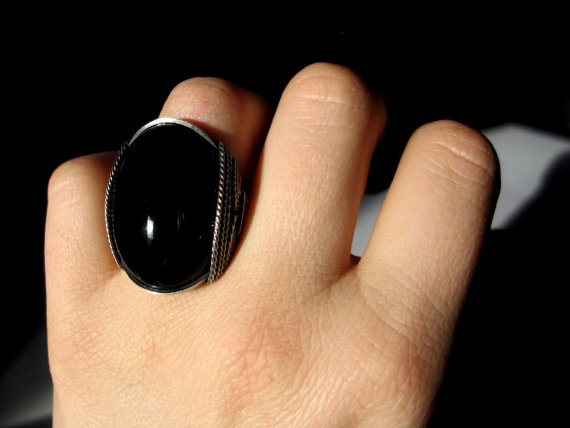 Black Onyx Ring, Oxidized Sterling Silver, Mens Ring, Oval Stone Statement Jewelry